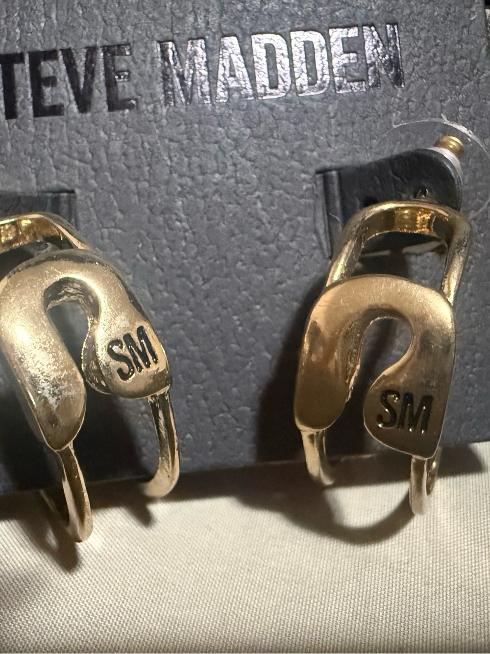 Steve Madden Gold Safety Pin Hoop Earrings - SM Logo Sculpted J-Hoop - NWT